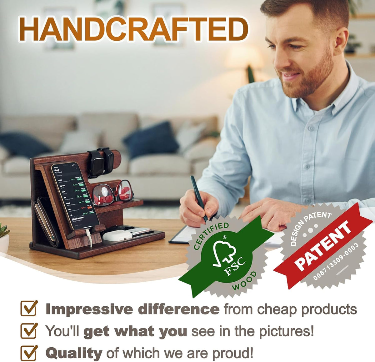【未使用】TESLYAR デスクオーガナイザー 木製 充電スタンド 天然木 高級 Amazon.com: TESLYAR Wood Phone Docking Station for Men - Desk or